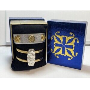 Rustic Cuff Gold And Silver Tone Cuff And Leather Bracelet Set New